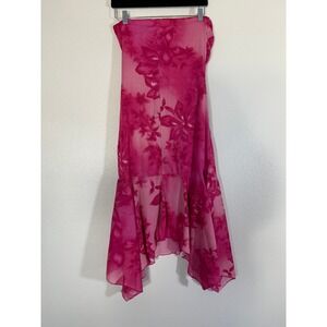 Wrapper Vintage Pink Floral Strapless Ruched Handkerchief Hem Midi Dress Large